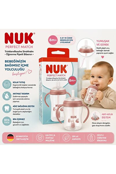 Nuk Perfect Match Pipetli Öğrenme Biberonu 260 ml – 8 Ay+ 🍼💗