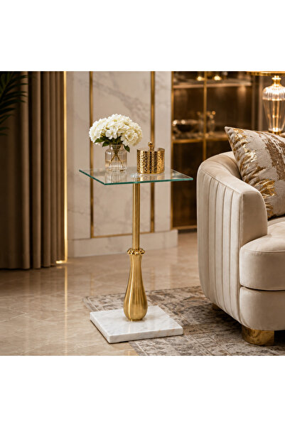 Generic Square Glass Top Single Service Table with Faux Marble Base