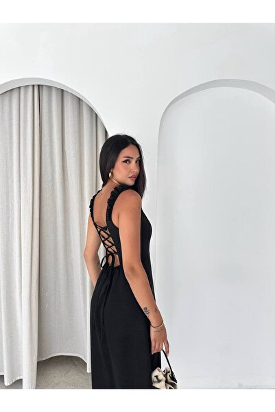 BE CHİC Women's Strappy Sleeveless Square Neckline Slit Linen-Like Appearance...