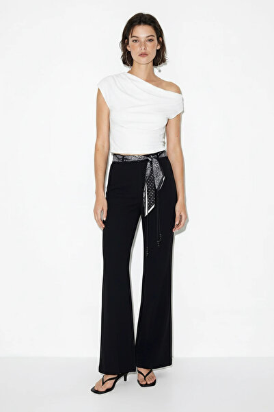 Efnaz style Women's Spanish Flared Fabric Black Trousers with Scarf Belt Detail
