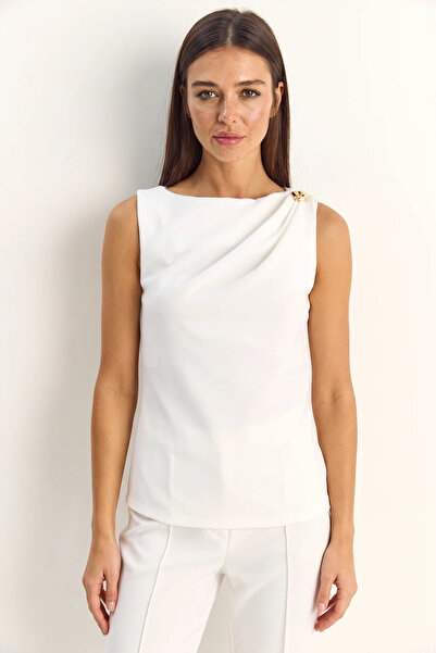 Efnaz style Women's White Blouse with Metal Accessories, Drape Detail, and Hi...