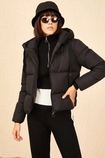 TARZIM SPOR GİYİM Women's Hooded Inflatable Black Coat