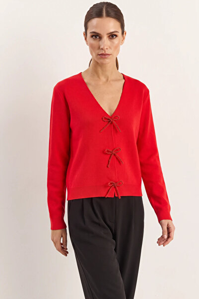 Efnaz style Women's V-Neck Knitwear Red Cardigan with Pearl Bow Accessories