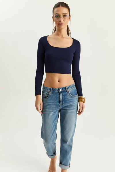 Efnaz style Women's Square Collar Long Sleeve Basic Navy Blue Blouse