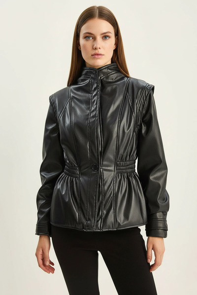 Efnaz style Women's Double-Breasted Black Jacket with Elastic Waist