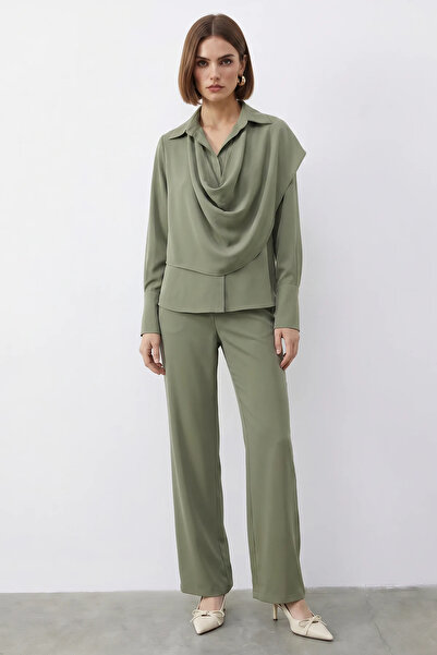 Efnaz style Women's Shawl Detailed Light Green Top and Bottom Set with Loose ...