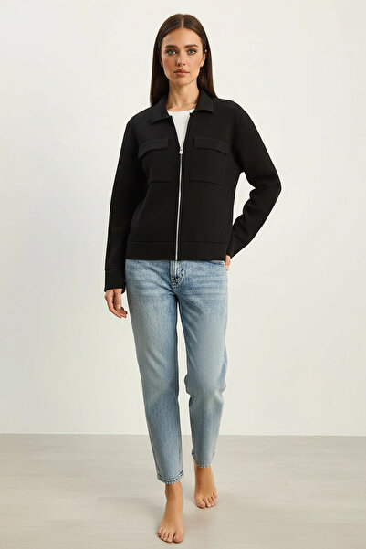 Efnaz style Women's Double Pocket Detailed Zipper Closure Knitwear Black Jack...