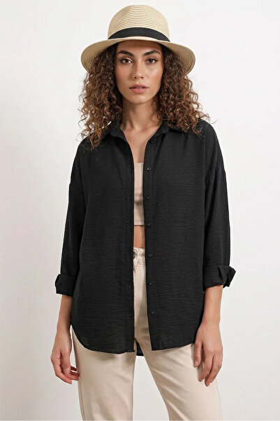 Efnaz style Women's Relaxed Fit Oversize Linen Black Shirt