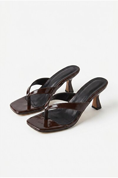 Efnaz style Women's Blunt Toe Flip Flop Heeled Slippers Sandals Bitter Brown