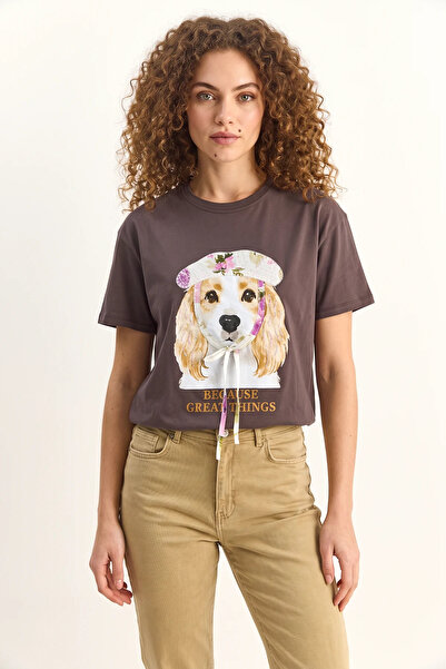 Generic Brand Women's Print Sequin Detailed Bow Basic Brown T-Shirt