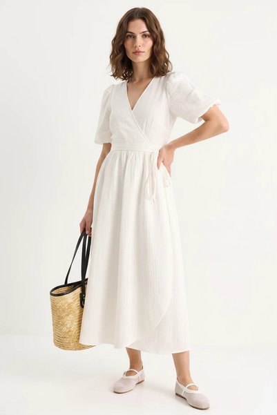 Generic Brand Rochie de damă, cu închidere la două piepturi, cu mâneci bufante, lungă, din muselină, ecru