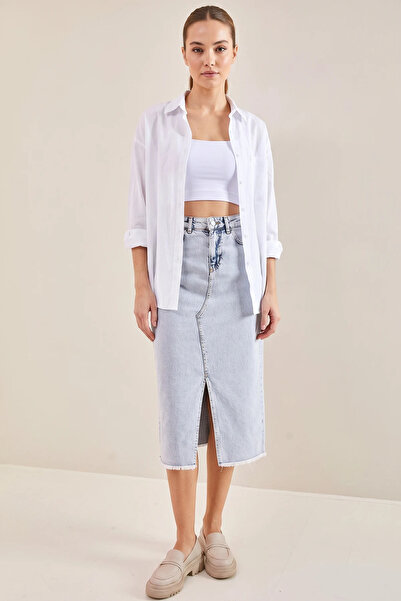 Şeker Portakalım Women's Laser Cut Slit Denim Ice Blue Skirt