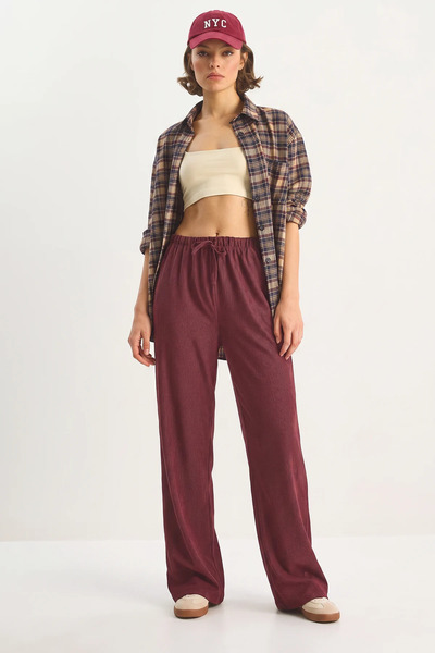 Efnaz style Women's Elastic Waist Ribbed Palazzo Burgundy Trousers with Pocke...