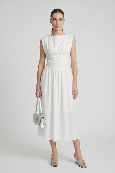 Efnaz style Women's Lined Midi White Dress with Pocket Detail and Draped Wais...