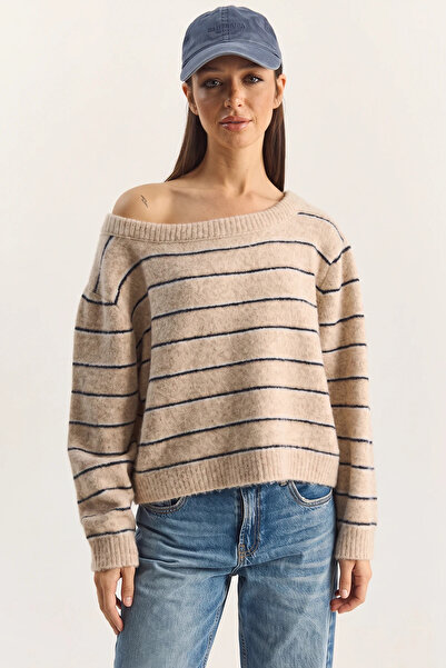 Efnaz style Women's Bardot Collar Striped Knitwear Oversize Beige Navy Blue S...