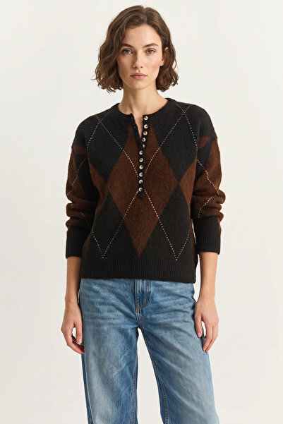 Generic Brand Women's Buttoned Diamond Patterned Basic Knitwear Black Brown S...