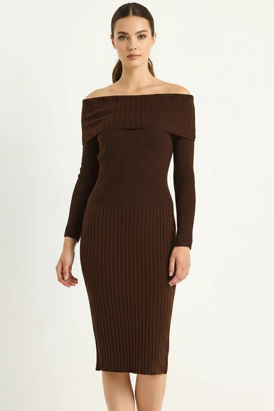 Efnaz style Women's Madonna Collar Knitwear Brown Dress