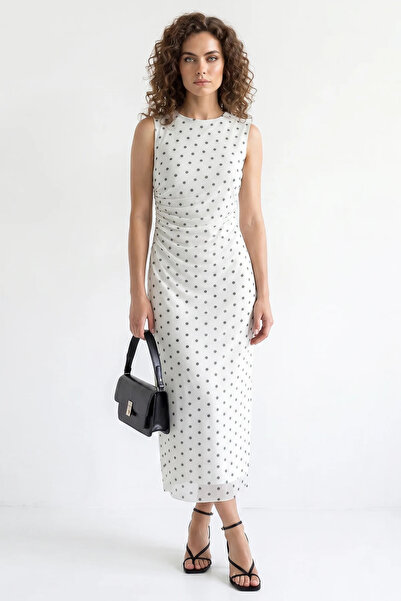 Efnaz style Women's Draped Polka Dot Lined Midi White Dress