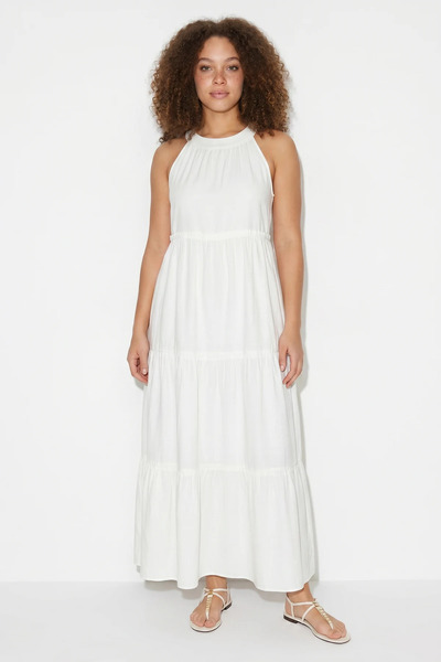 Efnaz style Women's Halter Neck Layered Detailed Modal Maxi White Dress