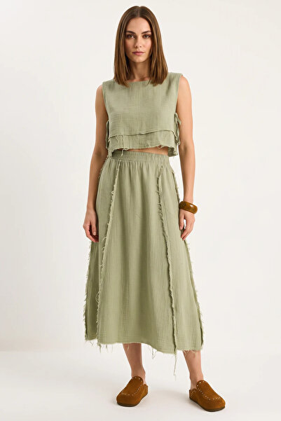 Efnaz style Women's Elastic Waist Skirt with Side Tie Detail, Crop Muslin Gre...