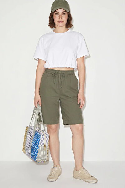 Efnaz style Women's Elastic Waist Tie Pocket Detailed Cotton Linen Green Shorts