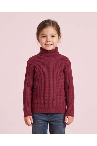 REDTAG Girls Burgundy Turtleneck Cable Knit Pullover