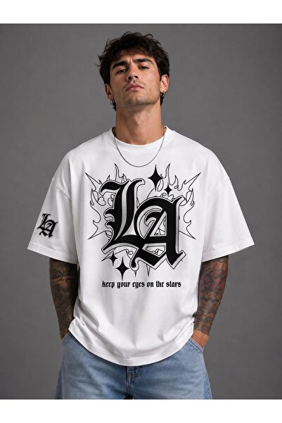 ZAVIXO La Printed Oversize T-Shirt Gothic Design Crew Neck Loose Fit