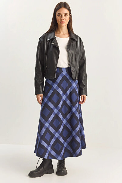 Efnaz style Women's Plaid Patterned Lined Maxi Flared Blue Skirt