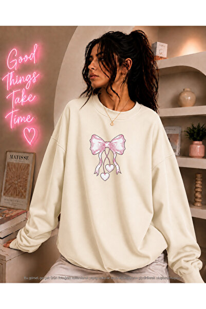 caddekombin Women's Heart Pink Ribbon Printed Round Neck Long Sleeve Sweatshirt