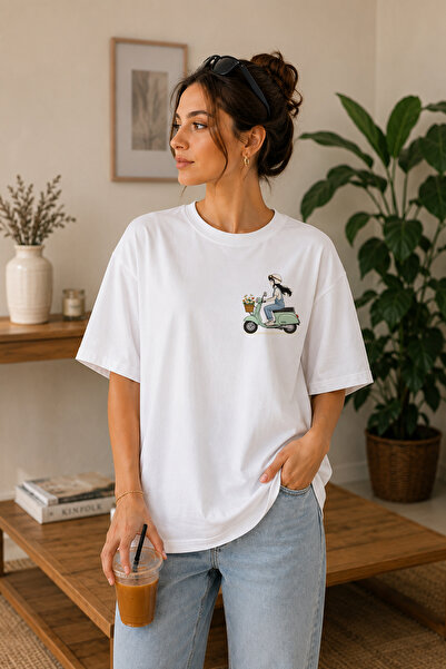 BAGAND Premium Vespa Style Scooter Girl Printed Oversize Unisex T-Shirt Vinta...