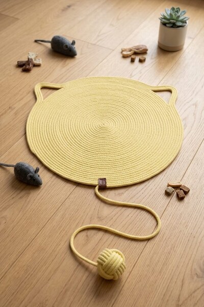 Reyo Pet Handmade Cat Scratching Mat with Toys, 100% Cotton Rope, Light Yellow