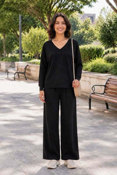 Mossta V-Neck Relaxed Fit Trouser Suit - Black