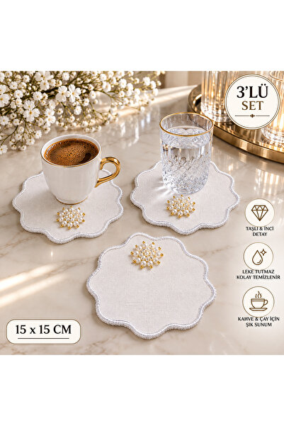 KOZMİK GİFT 3’lü İncili Linen Keten Sunum Peçeteliği Ekru – 15x15 cm Dokulu K...