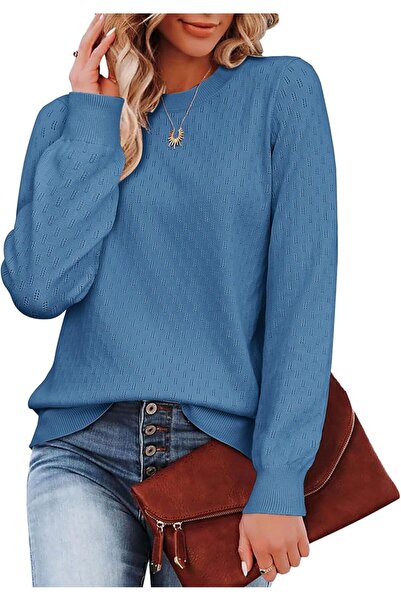 OtherMax Pulover Damski Din Tricot Cu Model Ajourat Casual Albastru Mărimea S