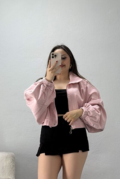 Kadın Balon Kol Salaş Kot Ceket Pembe