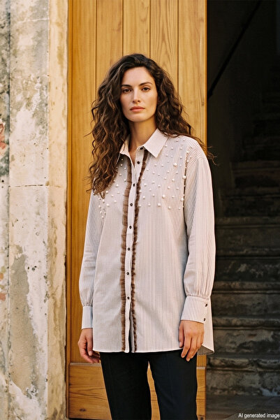 Lale Butik Pearl Detail Striped Organza Fabric Shirt 19573 Beige