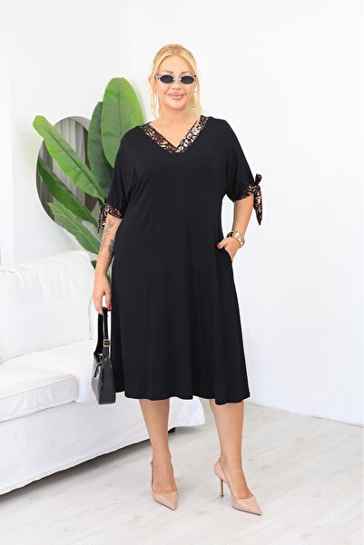 Siyezen Plus Size Cotton Lycra Dress with Bow Detail on the Sleeves