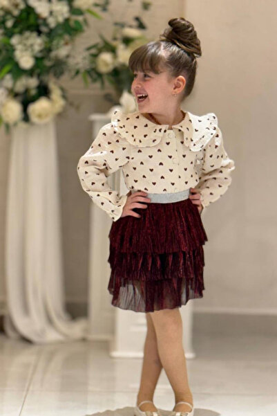 NOBLEKIDS Girl's Heart Patterned Shirt and Layered Tulle Skirt Set