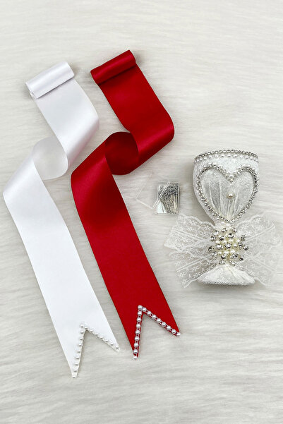 ZEYMERADE Jewelry Ribbon Set, White Heart Pin, Red and White Pearl Bride and ...