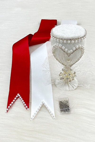 ZEYMERADE Jewelry Ribbon Set, White Heart Pin, Red and White Pearl Bride and ...