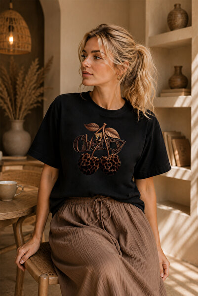 BAGAND Premier Cherry Leopard Cherry Printed Oversize Women's T-Shirt Black P...