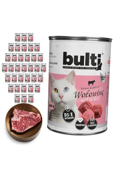 Bulti Hrană umedă completă pentru pisici, bogată în vită, conservă 36x400g