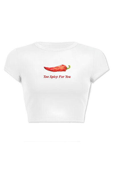 designedfy Kadın Beyaz Spicy For You Baskılı Crop Tişört Baby Tee