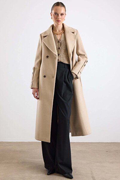 Olcay Exclusive Coat with Punto Stitching and Patch Detail Bej 3174