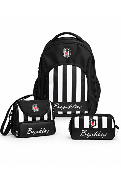 Beşiktaş Lisanslı Siyah Beyaz Çizgili 3'lü Okul Çantası Seti - Okul Çantası, ...