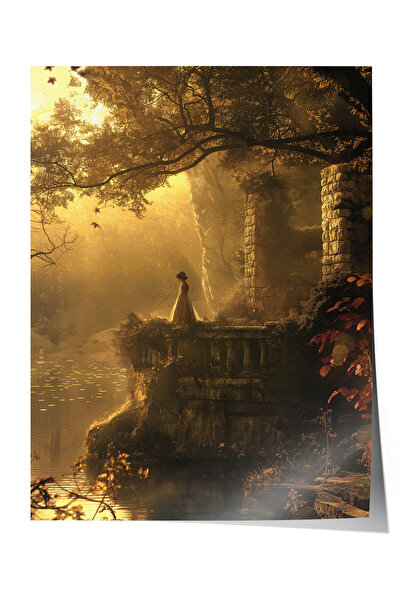 Zestia Fantastik Sanat Premium Poster, Ormanda Altın Işıklı Harabe, No: 20466