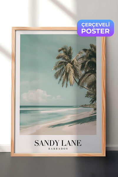 Zestia Vintage zidna slika sa drvenim okvirom, pejzaž plaže Sandy Lane na Bar...