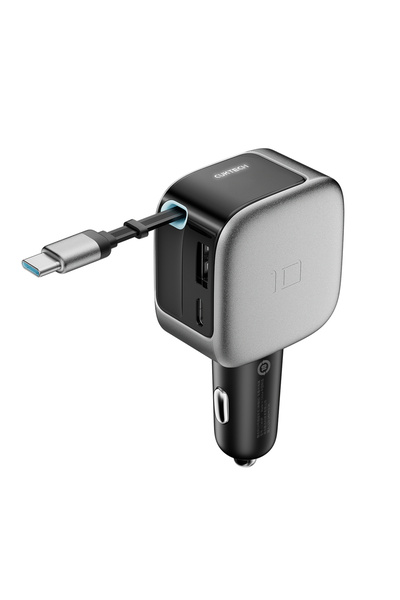 Cuktech CC903P 100W Car Charger with Retractable USB-C Cable, USB-C/USB-A, Gray