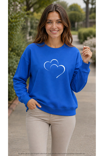 caddekombin Women's Double Heart Printed Round Neck Long Sleeve Sweatshirt
