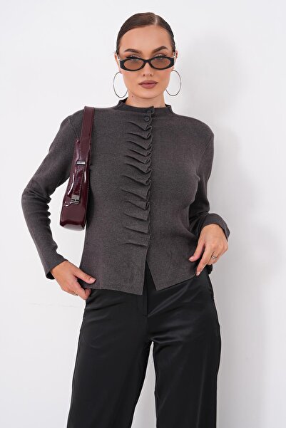 ŞİMAL Women's Stand Collar Front Ruffle Detailed Button Closure Knitwear Card...